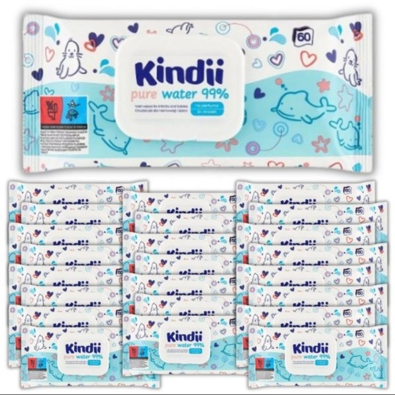 Chusteczki dla dzieci i niemowląt Cleanic Kindii pure water 99% (60 sztuk) x 24 opakowania