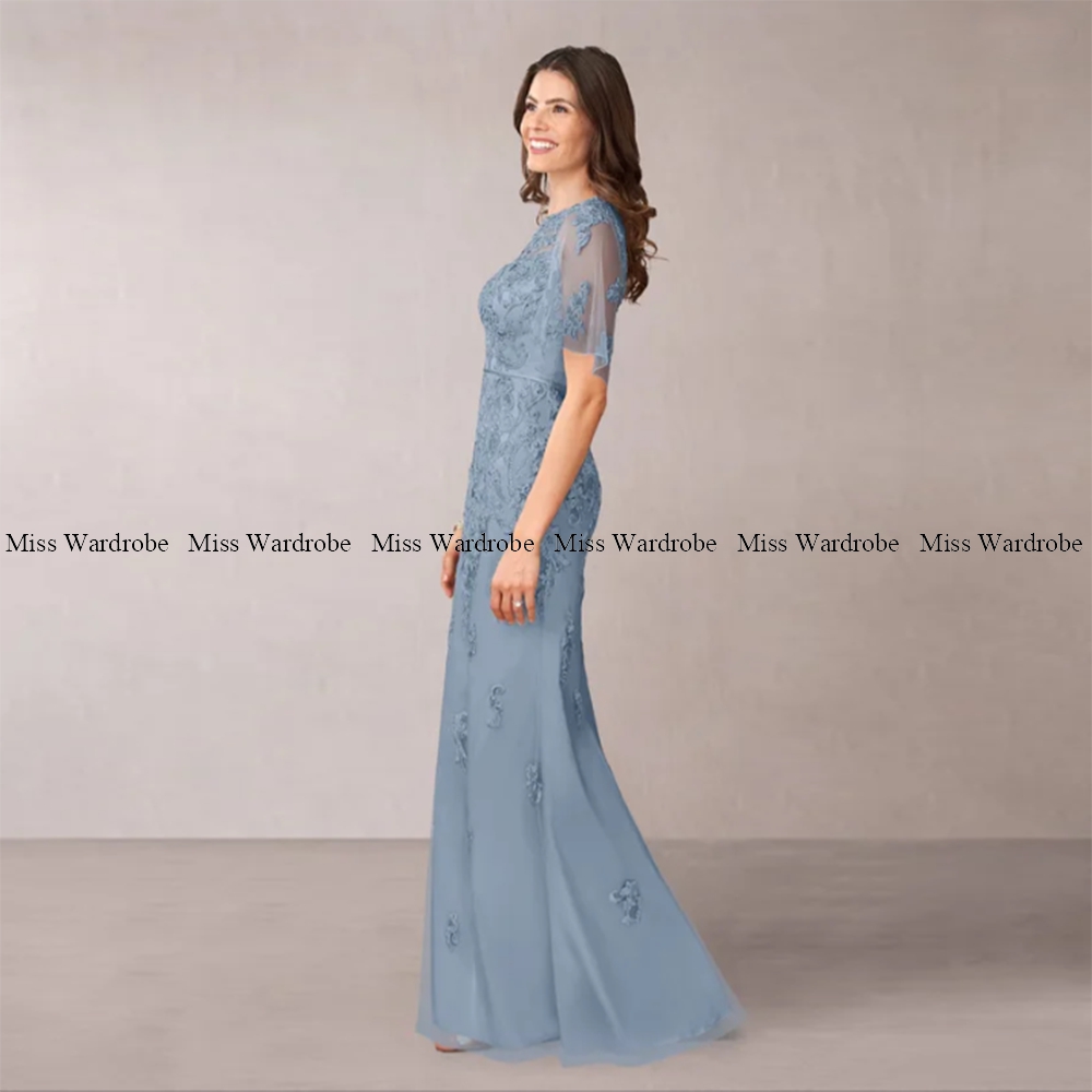 Mutter Der Braut Blau Kleider Bodenlangen Tüll Applique Kurzarm Lange Für Hochzeiten Formale Party Kleid Elegante Customze