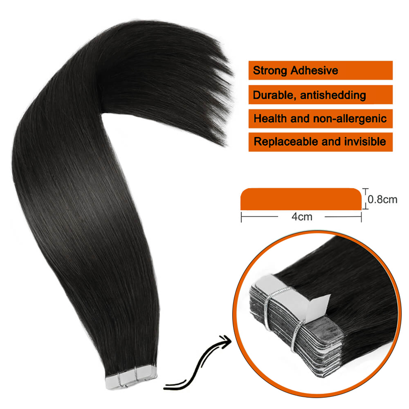 Bande droite dans les Extensions de cheveux cheveux humains 1B noir naturel 50G bande sans couture dans le ruban Invisible dans les Extensions de cheveux cheveux humains