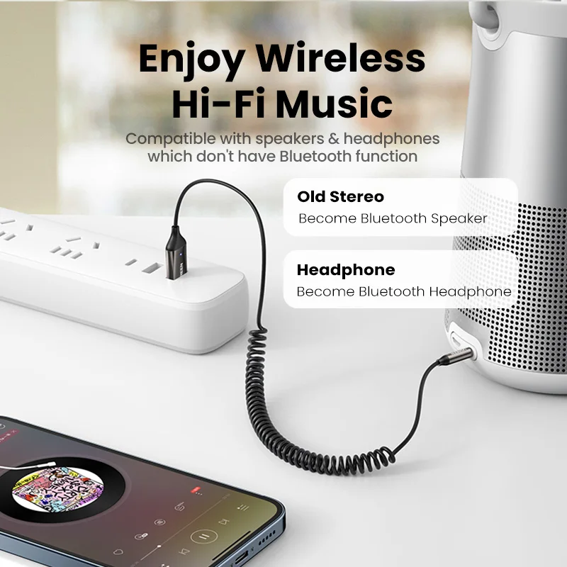 UGREEN Bluetooth 5.3 Aux Wireless Car Bluetooth USB to 3.5mm Jack Audio Mic Handsfree Adapter for Car Speaker