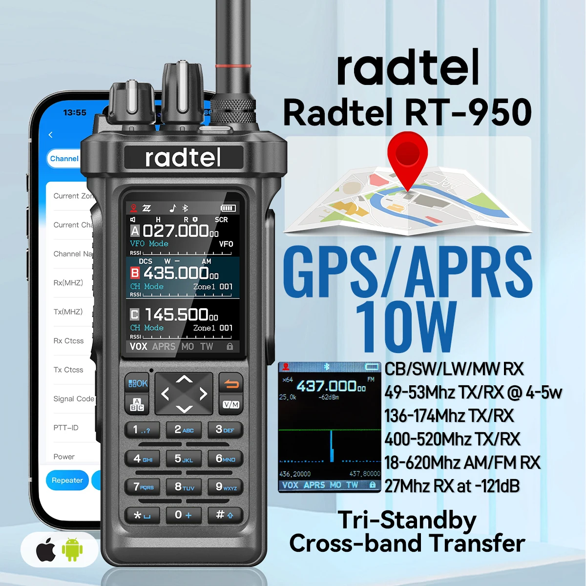 Radtel RT-950 o RT-950 Pro GPS APRS Walkie Talkie AM/FM/CB receptor con 10W Bluetooth teléfono programación Ham Radio Tri Standby