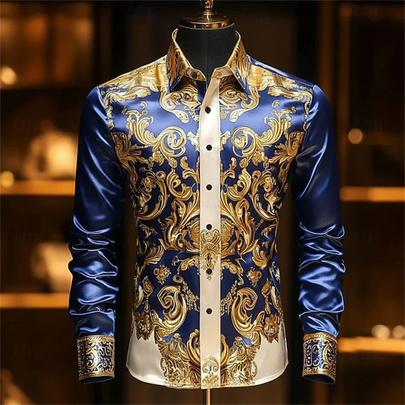 Men's Floral Print Ethnic Baroque Shirt Long Sleeve Vintage Vacation Summer Spring Autumn Lapel Shirt Black Burgundy Dark Blue