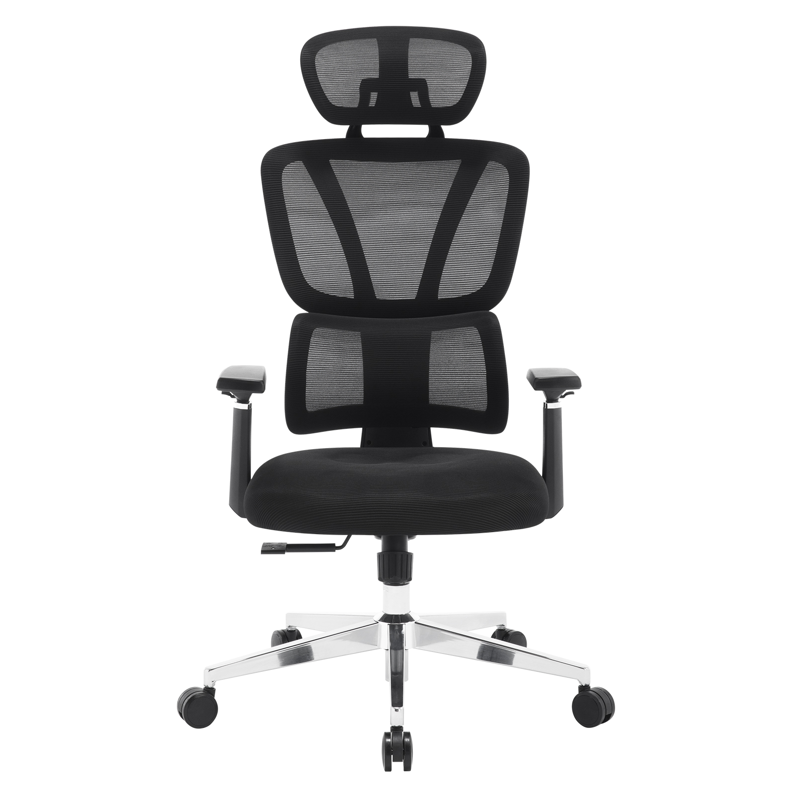 Schwarzer, drehbarer, ergonomischer Bürostuhl, höhenverstellbare Kopfstütze, Lordosenstütze, 3D-Armlehnen, Rocker Mesh-Arbeitsstuhl