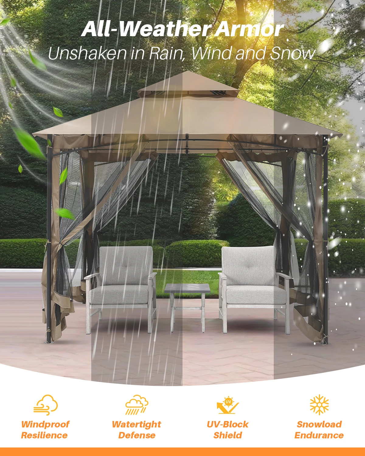 SeeHill 10' x 10' Patio Gazebo with Steel Frame and Double Roof, Outdoor Canopy Tent with Mosquito Netting for Garden or Lawn