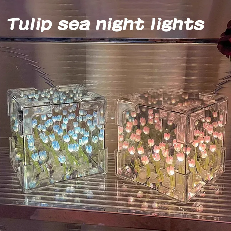 Paquete de Material de mar de flor de tulipán DIY, luz nocturna, cubo mágico, espejo, atmósfera, luz nocturna, Festival transparente octogonal