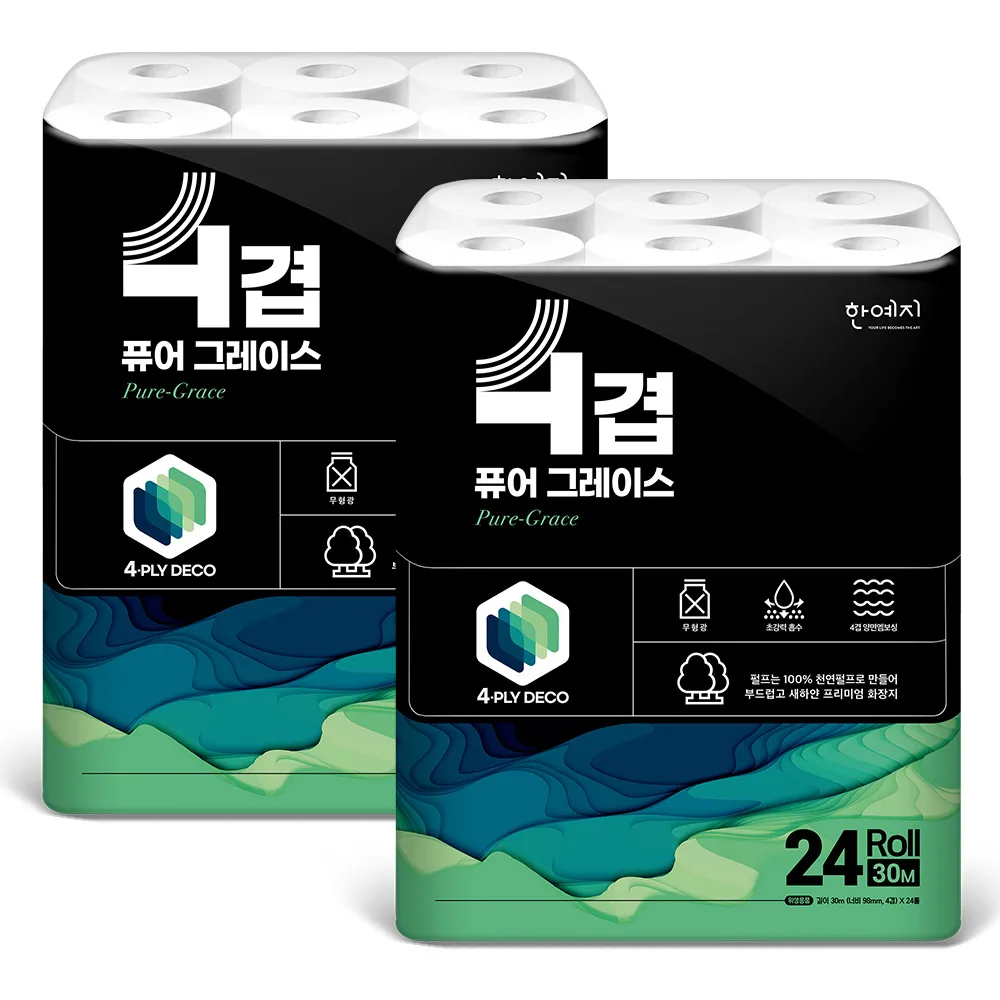 한예지 4겹 퓨어그레이스 천연펄프 화장지 30m 2팩