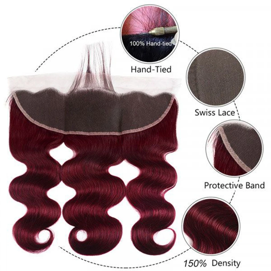 2/3/4 pacotes com destaque frontal da onda corporal Borgonha # 99J cabelo humano 13x4 frente do laço com 3 pacotes de cabelo brasileiro para mulheres