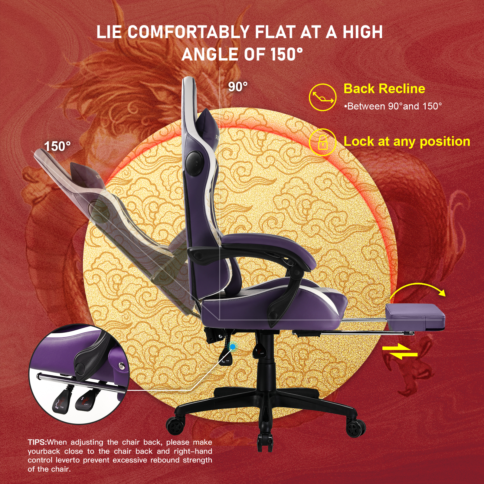 Chaise de jeu GTPLAYER avec haut-parleurs Bluetooth, repose-pieds et design ergonomique, chaise de jeu vidéo et de bureau Dragon Series