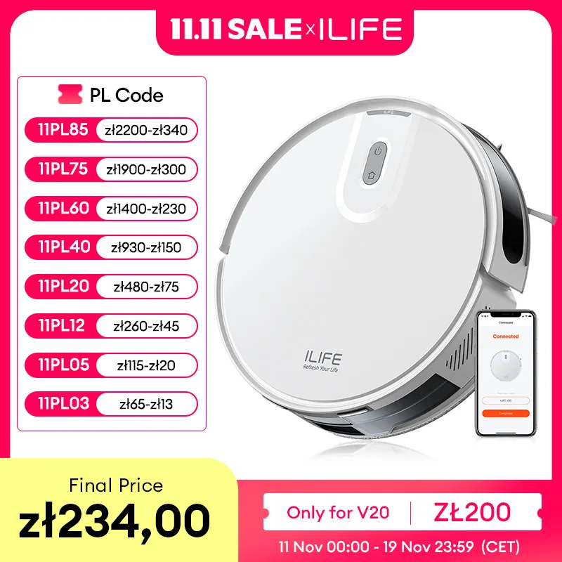 Odkurzacz robot ILIFE V20, ssanie 5000 Pa, inteligentna nawigacja SOF LiDAR, kontrola APP, dostosowywanie czyszczenia, samonabieranie