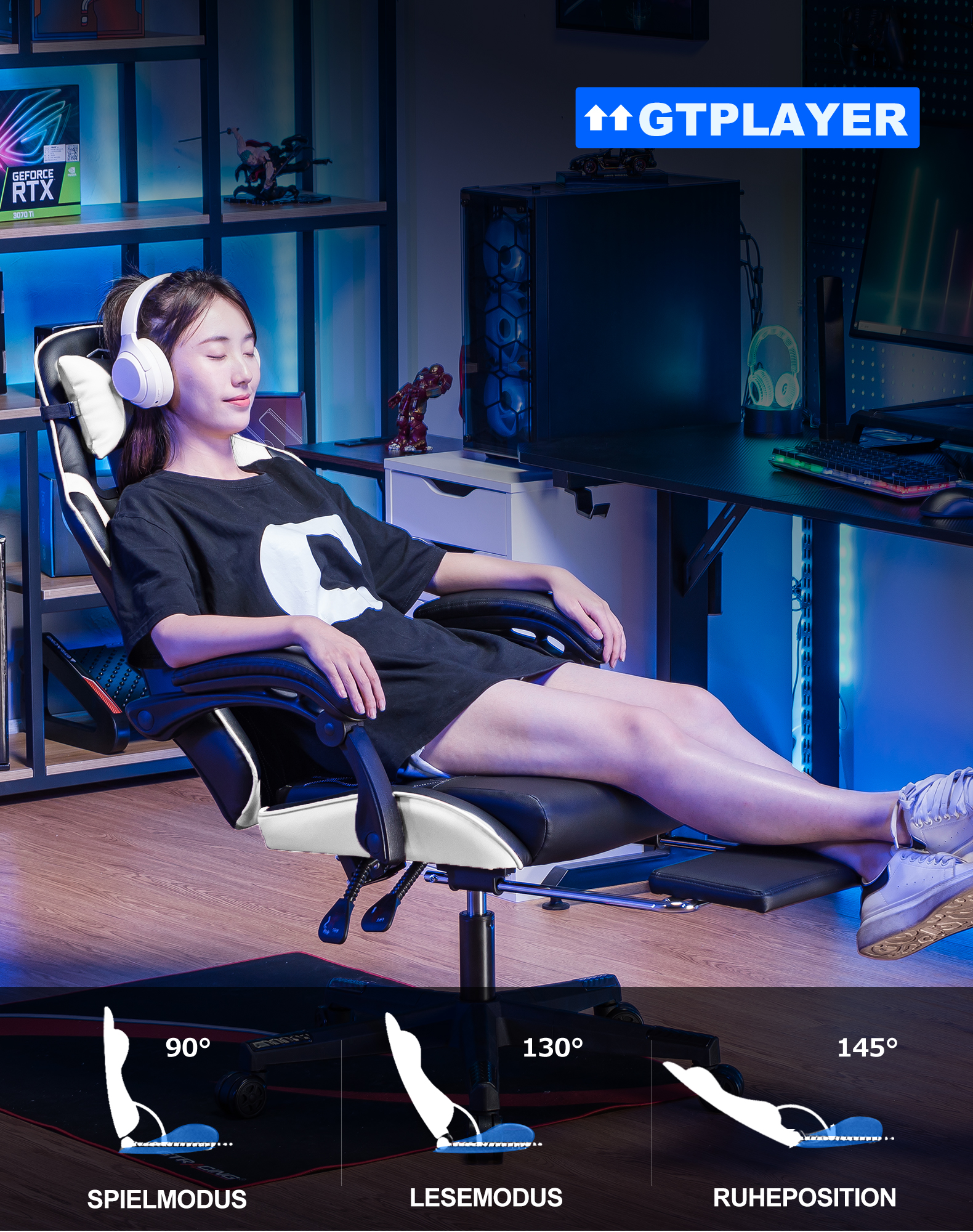 GTPLAYER-Cadeira ergonómica do jogo do escritório, cadeira do gamer, descanso para os pés, carga ajustável e almofadas