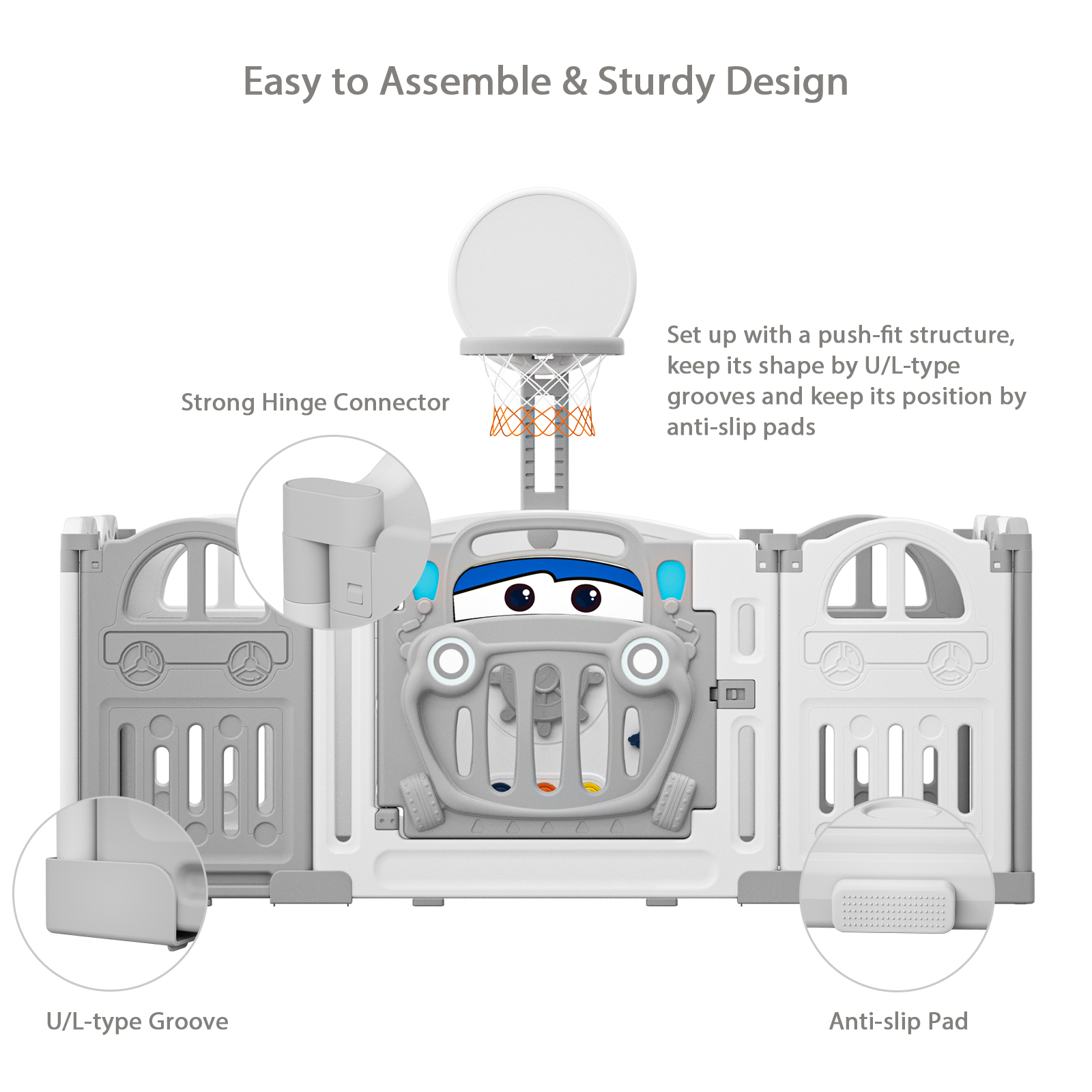 Składany kojec dziecięcy UBRAVOO z obręcz do koszykówki i 50 szt. Kolorowym kulki do basenu, płotem dla malucha i kojec dziecka, 14-panelowy