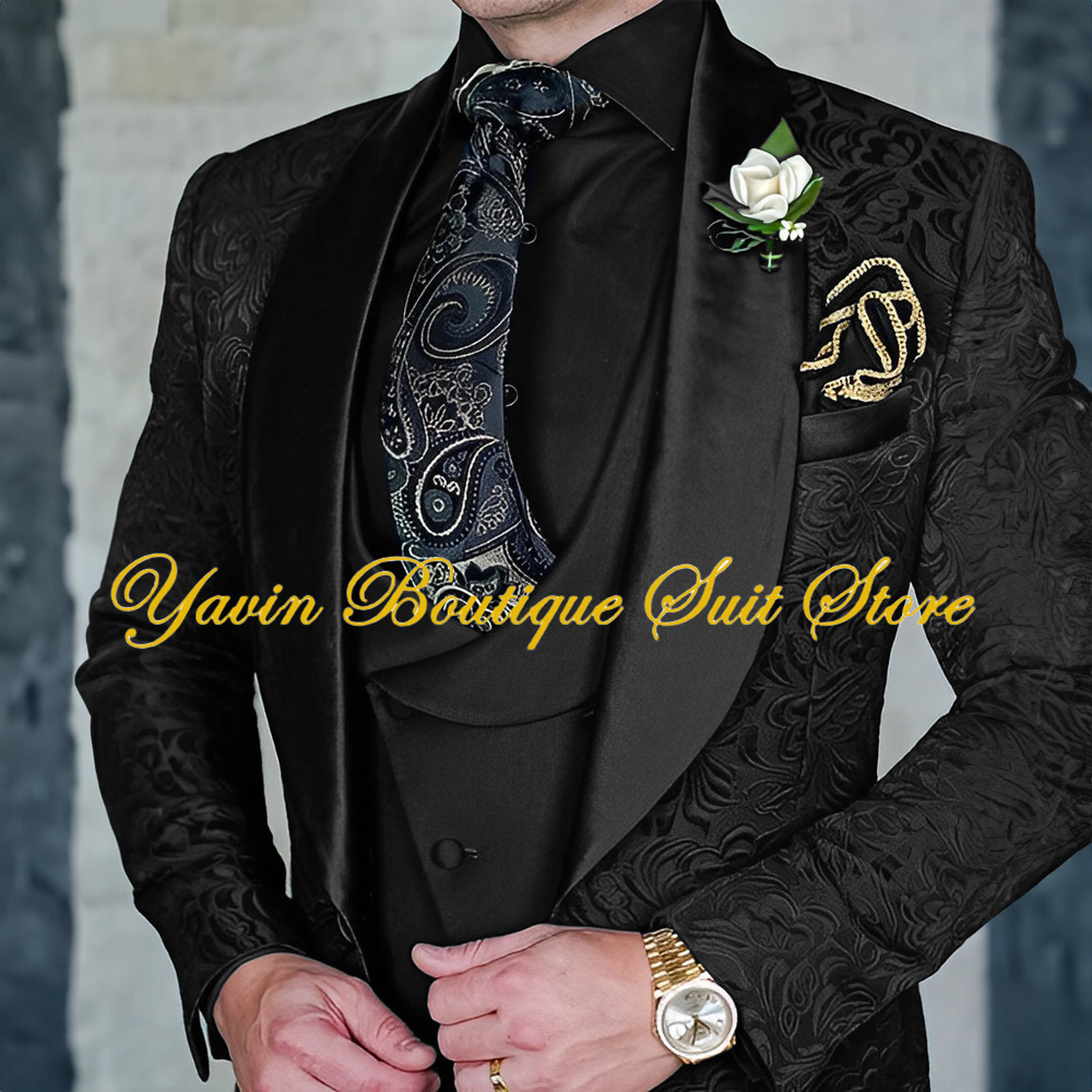 3ピースの男性用花柄スーツセット,フォーマルな新郎のタキシード,エレガントなブレザー,パーソナライズされた衣装,ジャカード,イブニングドレス