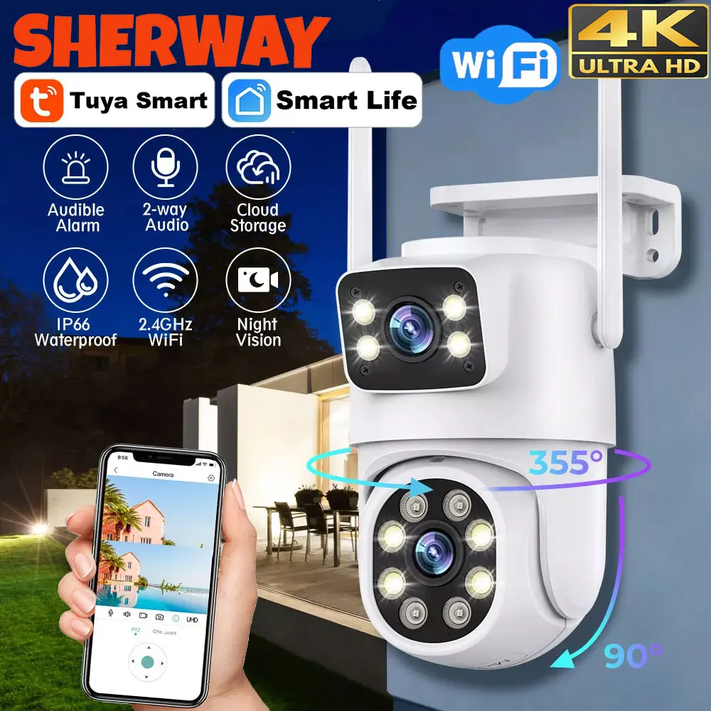 10mp lente dupla tuya wifi câmera ptz ao ar livre 4k sem fio tela dupla câmera de segurança rastreamento automático monitoramento vigilância vídeo