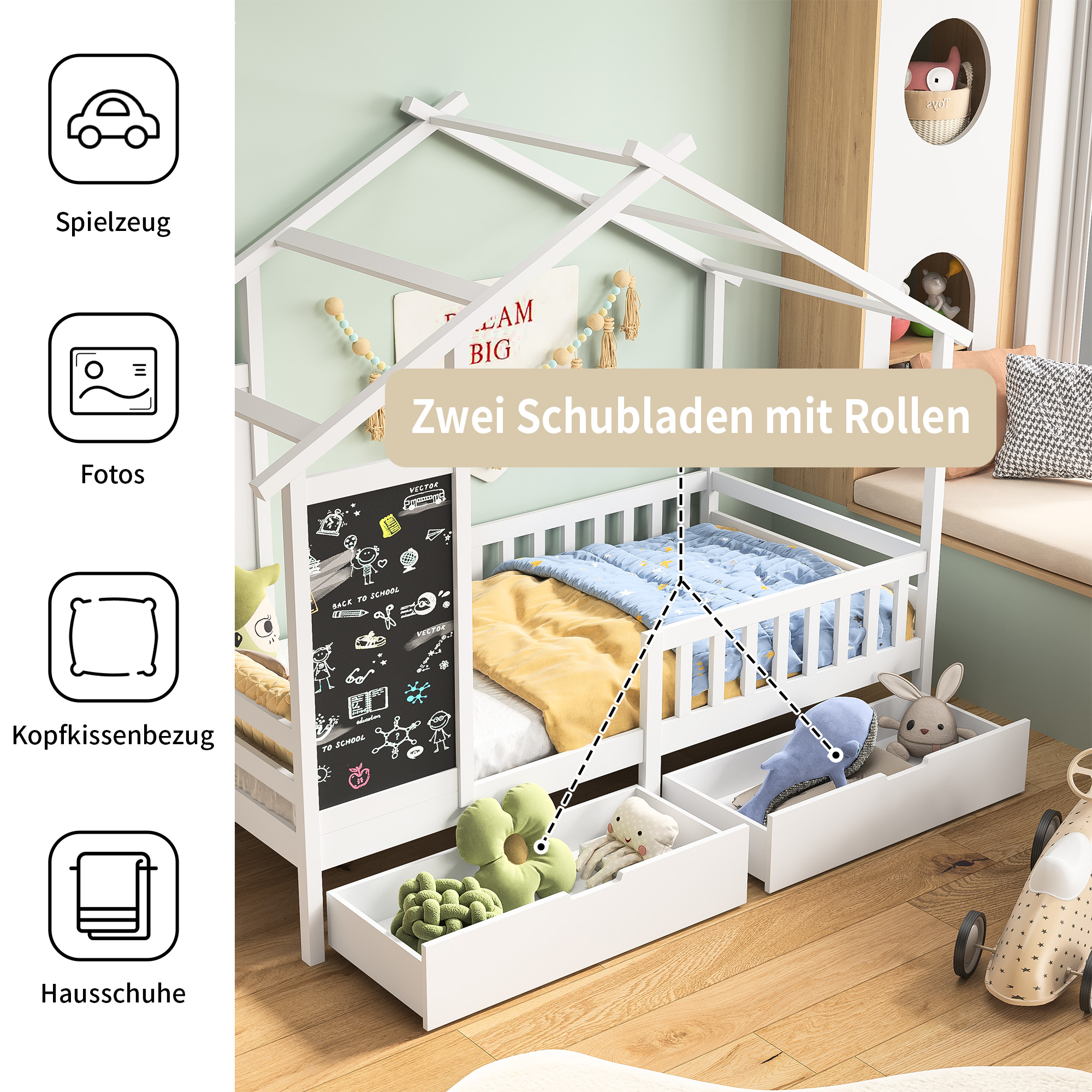 Letto per bambini 90x200 cm, letto in legno con lavagna e 2 cassetti, legno massello con recinzione e struttura a doghe