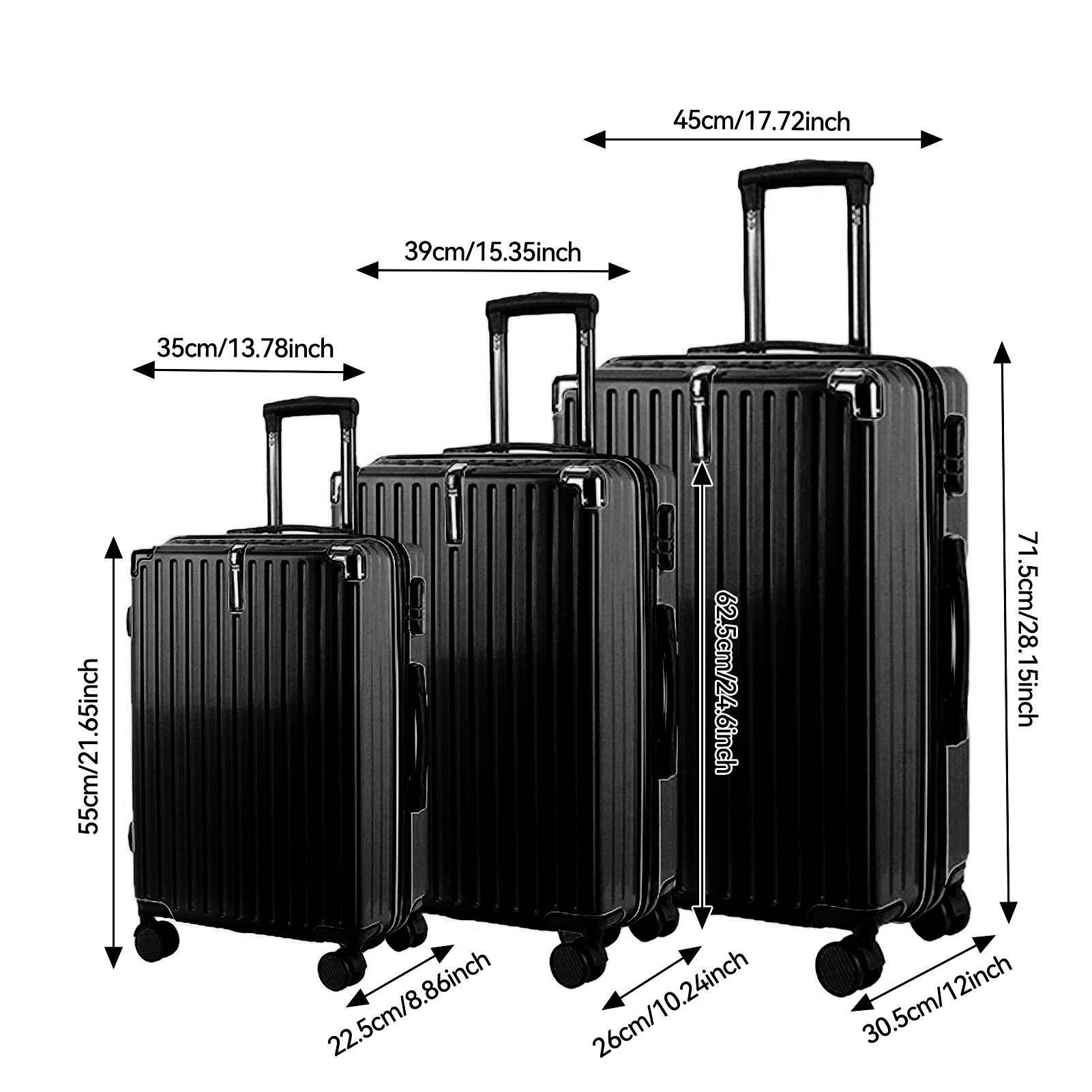 Rosahqnda 3 peças TSA Lock ABS preto mala Hardshell Trolley Case M/L/XL Set