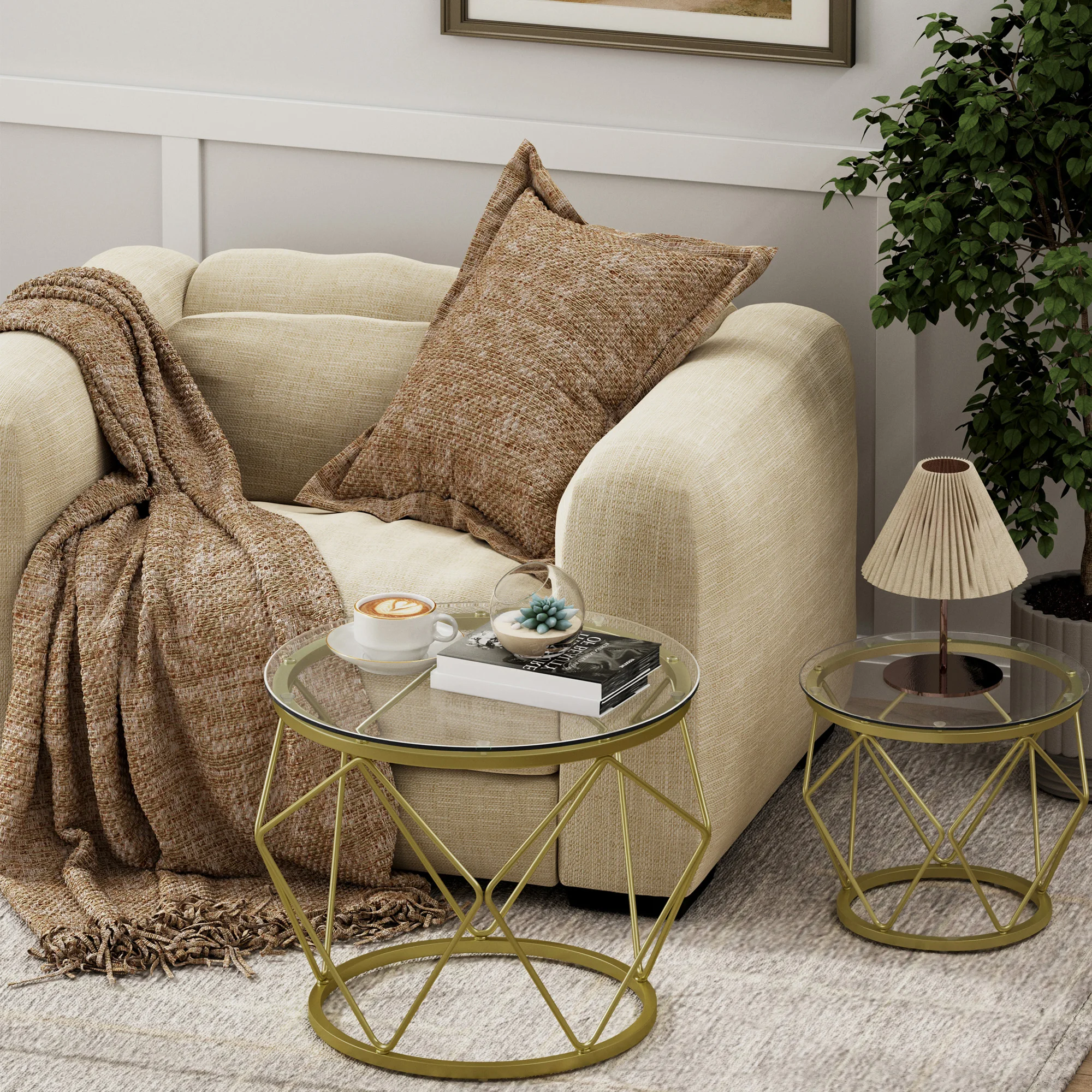 Hzuaneri Table basse ronde, lot de 2, tables d'appoint, ensemble de table d'appoint avec cadre en métal, petite table d'appoint pour salon, chambre à coucher