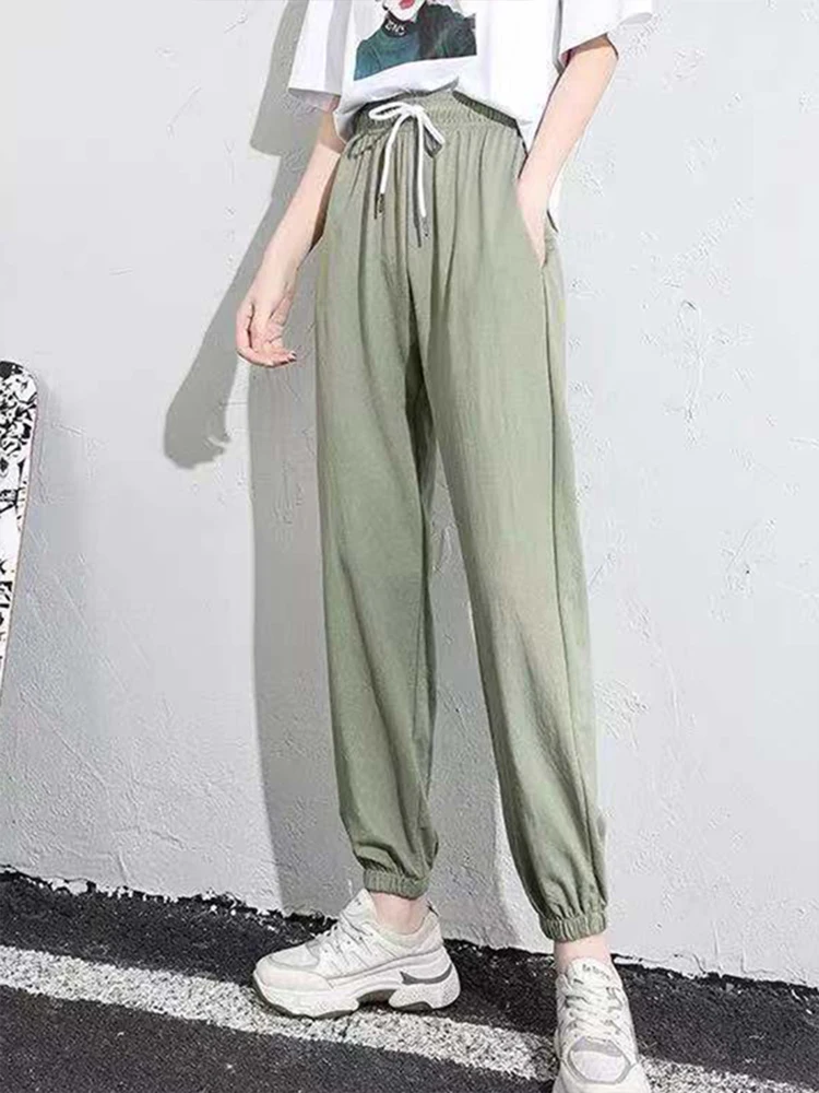 Calça de lã com harém feminino, corredores longos, calça quente, casual esportiva, monocromática, Y2K, inverno