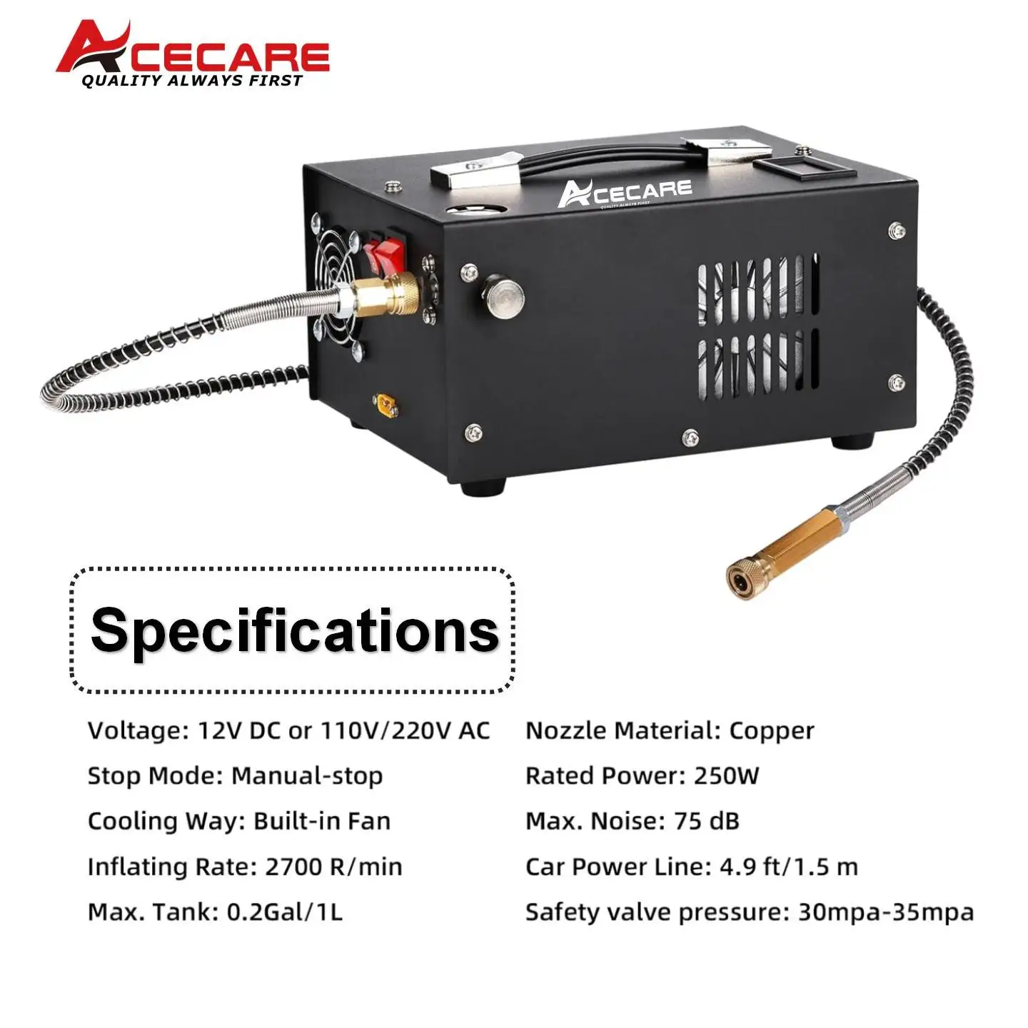 ACECARE 4500Psi PCP Air Compressor with 12V Car power supply 300Bar High Pressure PCP Compressor for SCBA Diving