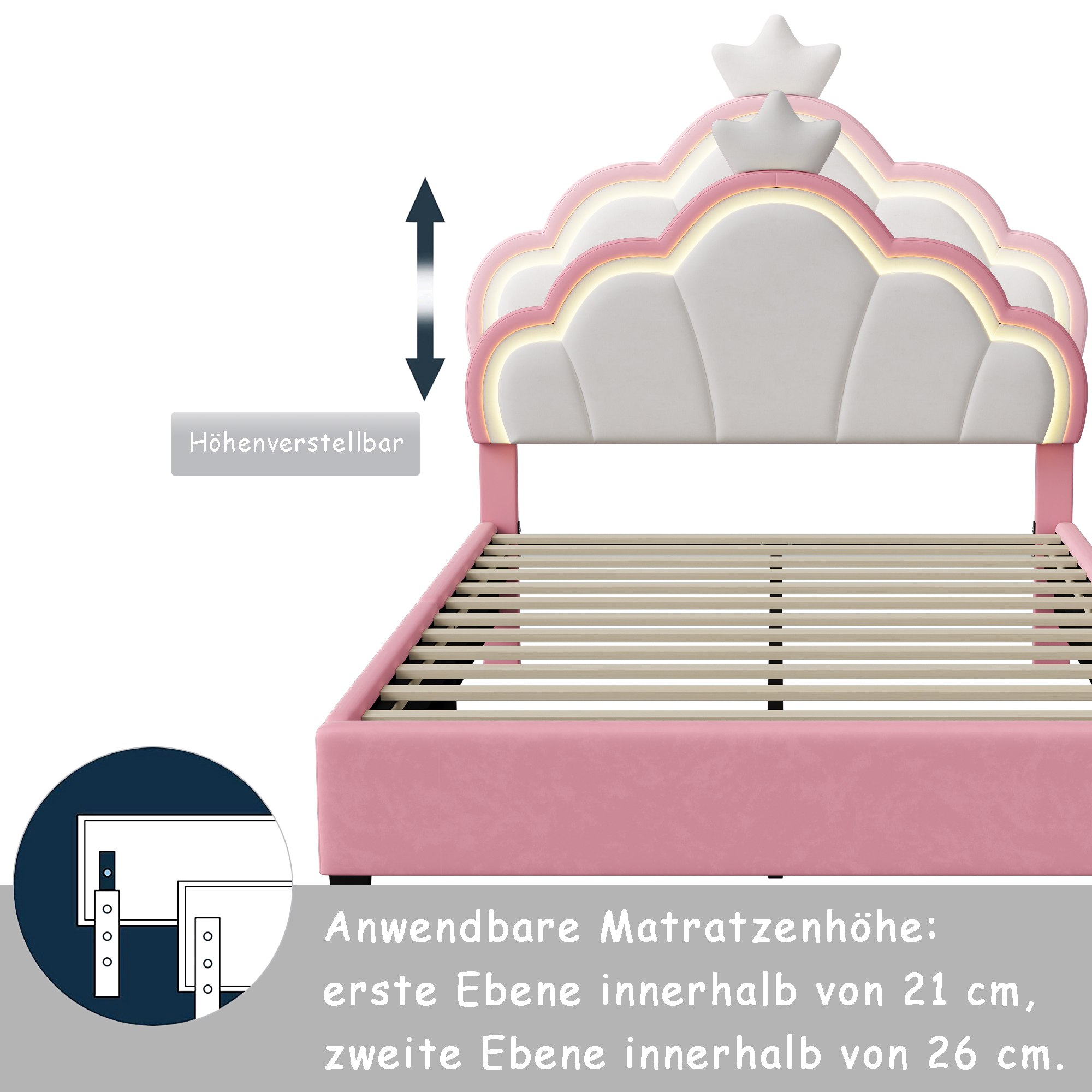 Cama Upadded 140x cm, con LED, cabecero de nube y corona, altura regulable, Estilo Princesa, rosa