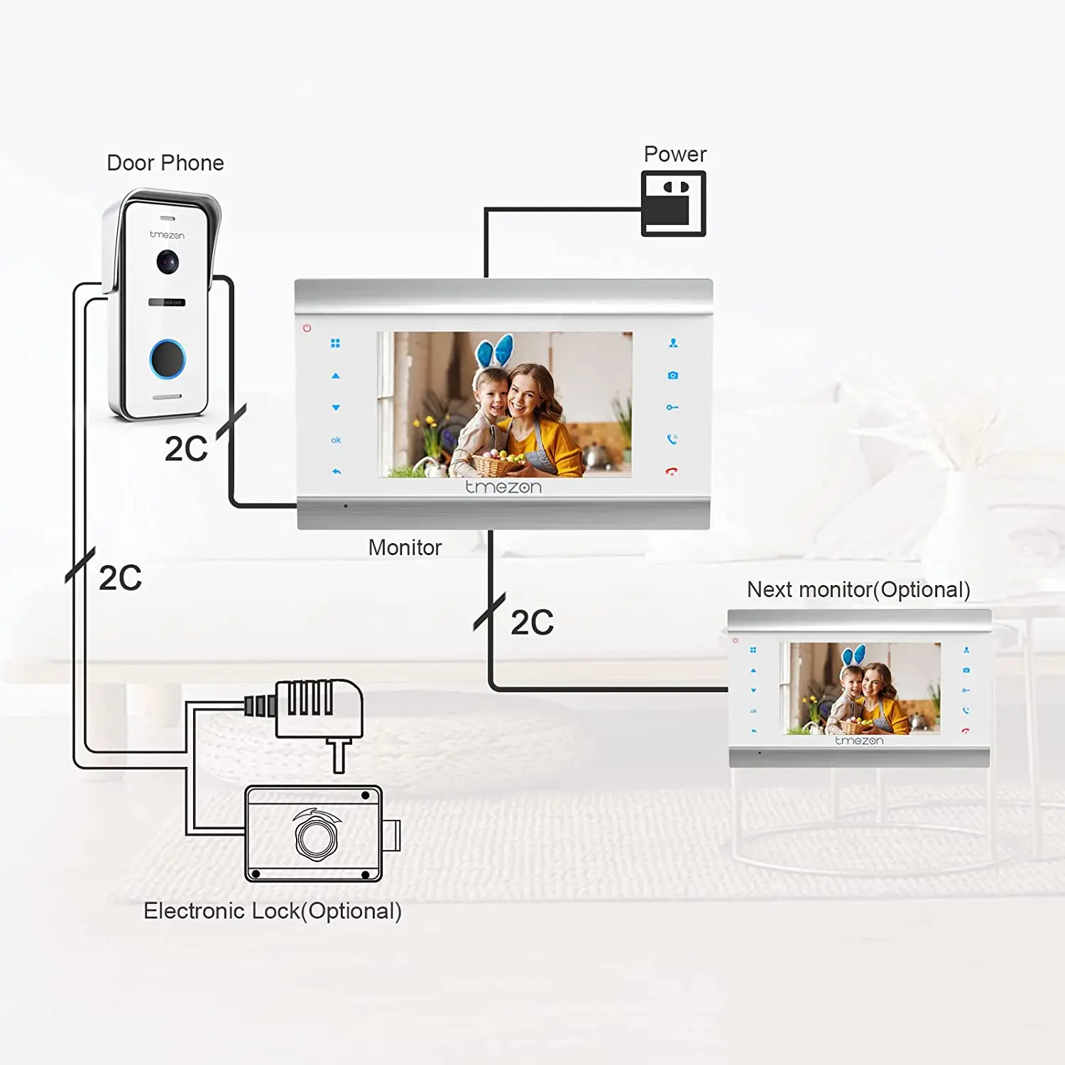 TMEZON Sistema de intercomunicação com campainha de vídeo porteiro de 2 fios, monitor de 7 polegadas com campainha com fio para casa, botão de toque, tirachete/gravação