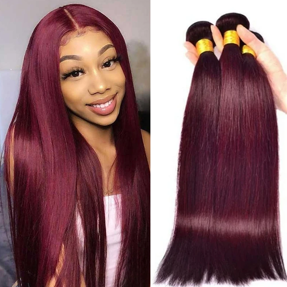 Vinho tinto # 99j remy tecer cabelo humano 16-28 polegada longo sedoso em linha reta não processado virgem extensões de trama de cabelo brasileiro para mulher