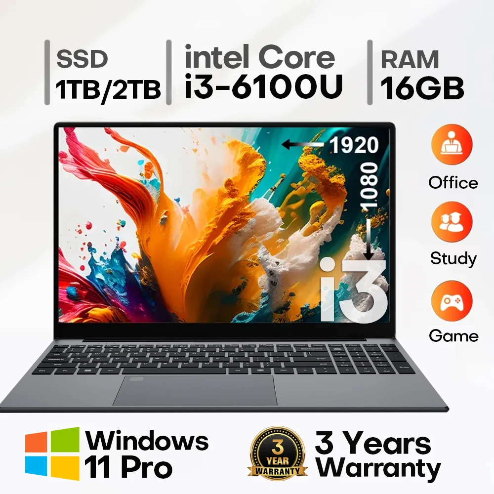Erilles 15.6 "Intel Core i3 6100U Computer portatile Windows 11 16GB RAM 512GB 1TB SSD Notebook portatile PC Ufficio Studio Laptop