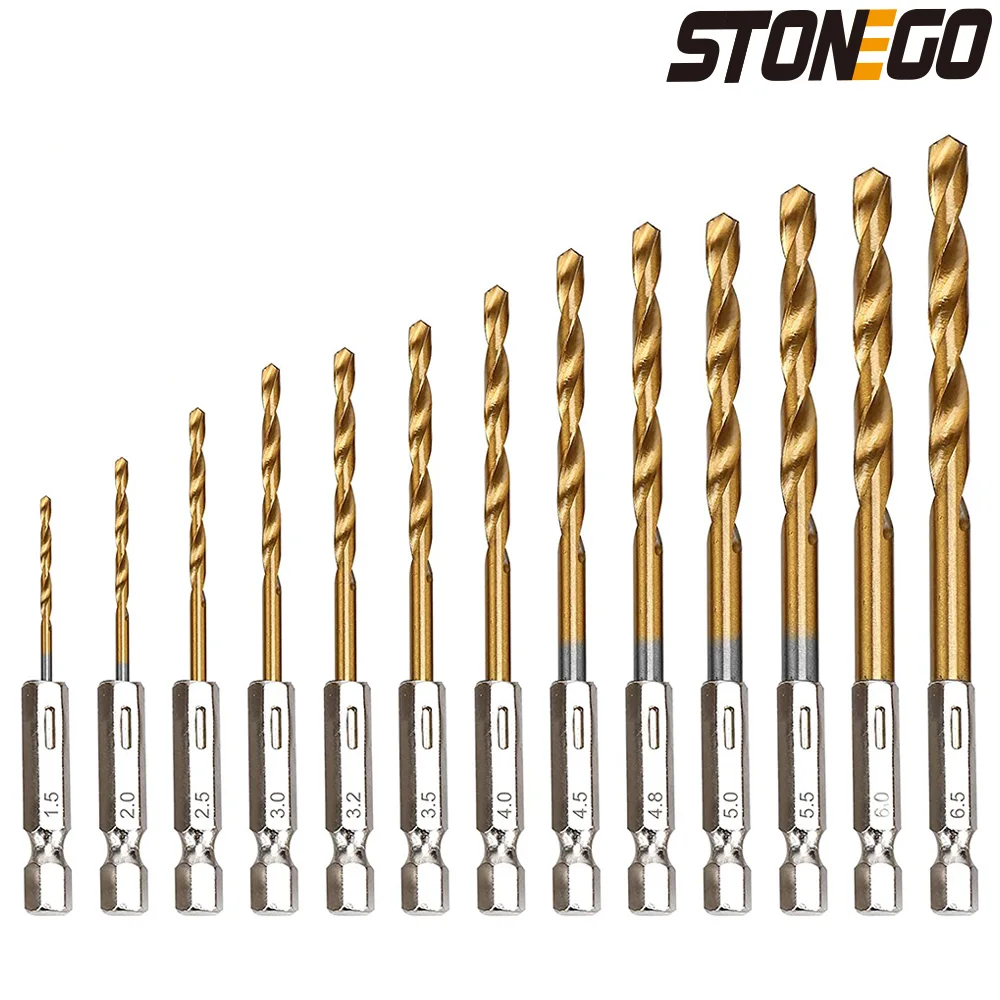 STONEGO 13PCS 1,5 mm-6,5 mm boorset Titanium gecoat hogesnelheidsstaal zeskantschacht gatopener voor hout kunststof aluminium