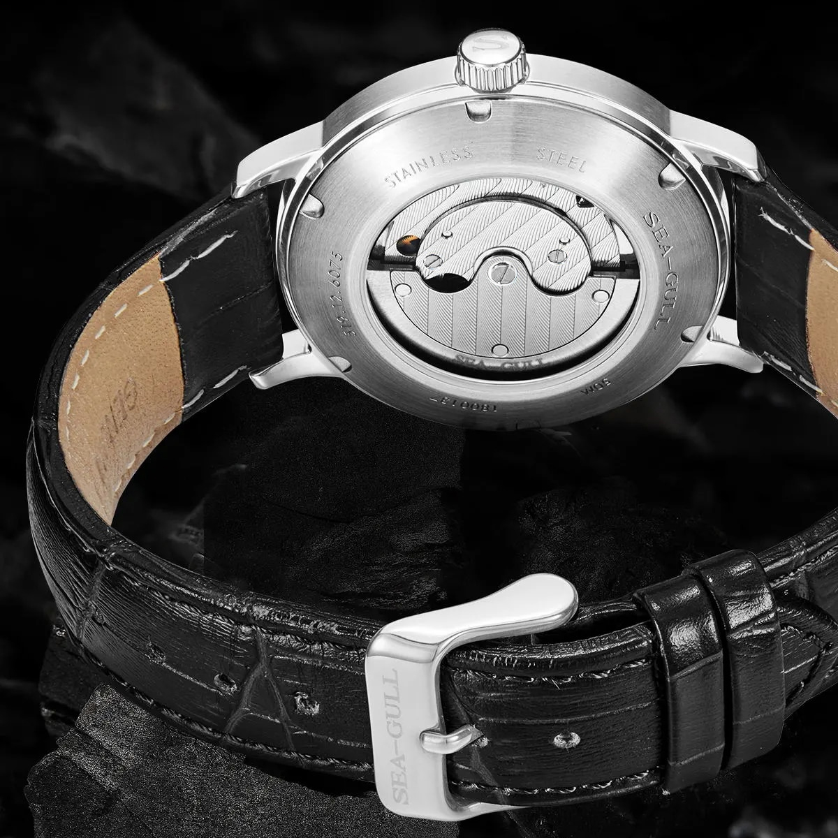 カモメ-メンズメカニカルビジネスウォッチ、防水レザー腕時計、メンズバレンタインウォッチ、新品、6075、50m