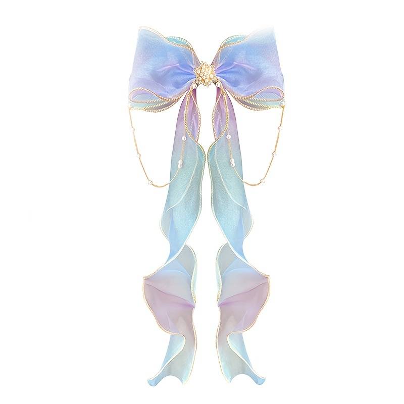 Clipes de fita de laço de malha elegantes e fofos para meninas com borla de pérola falsa decoração acessórios de cabelo para performance de festa