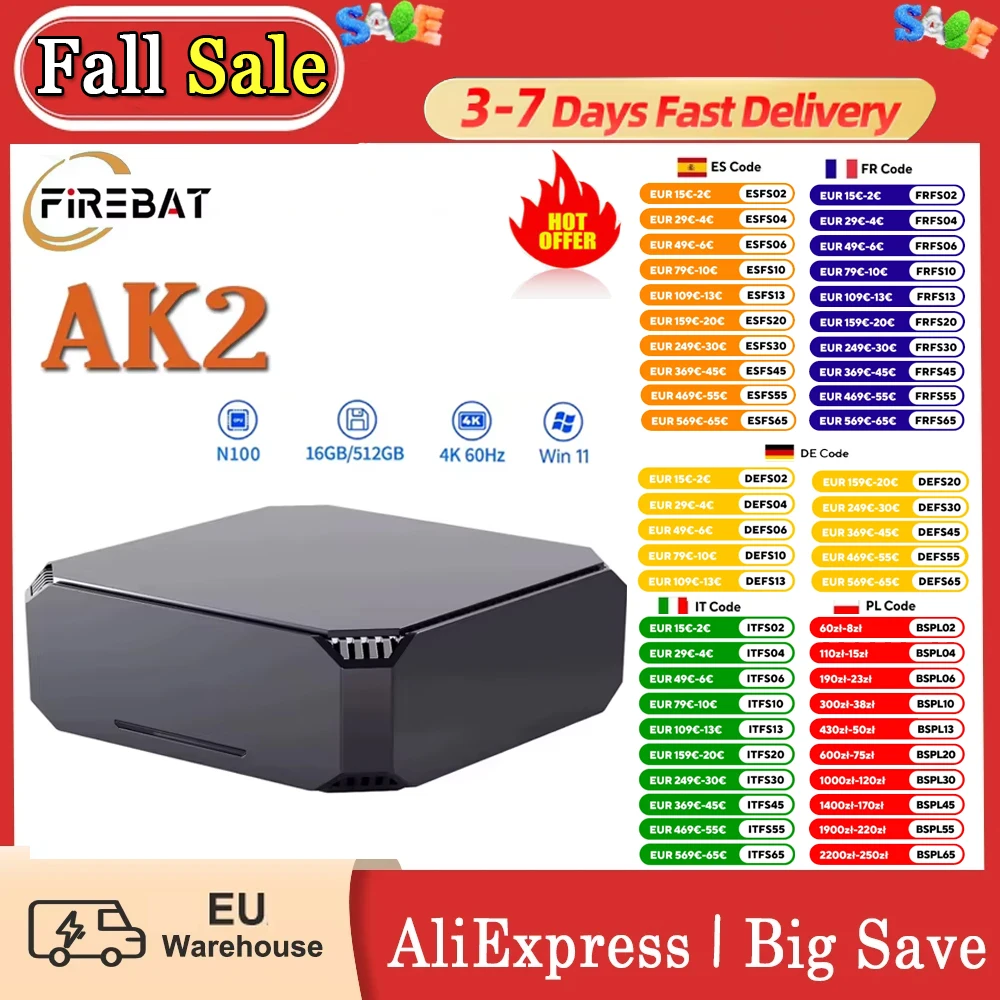 Firebat Ak2 Mini Pc Intel N100 4 Cores Max 3.4Ghz 16Gb Ram 512Gb SSD 2 * Hdmi 2.0 4K 60Hz Dual Screen Display Wifi 5