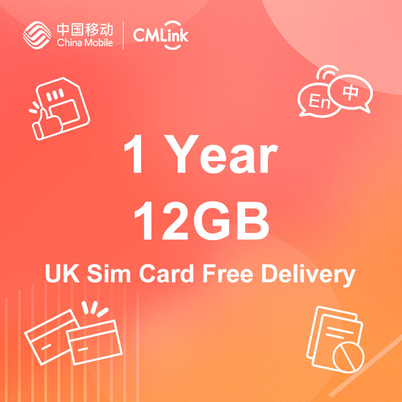 5G Non-Contract SIM Card, 1 Year 12GB Data, 200 Mins Calls, Free Roaming EU&China, UK Phone Number, Can Top Up Yourself