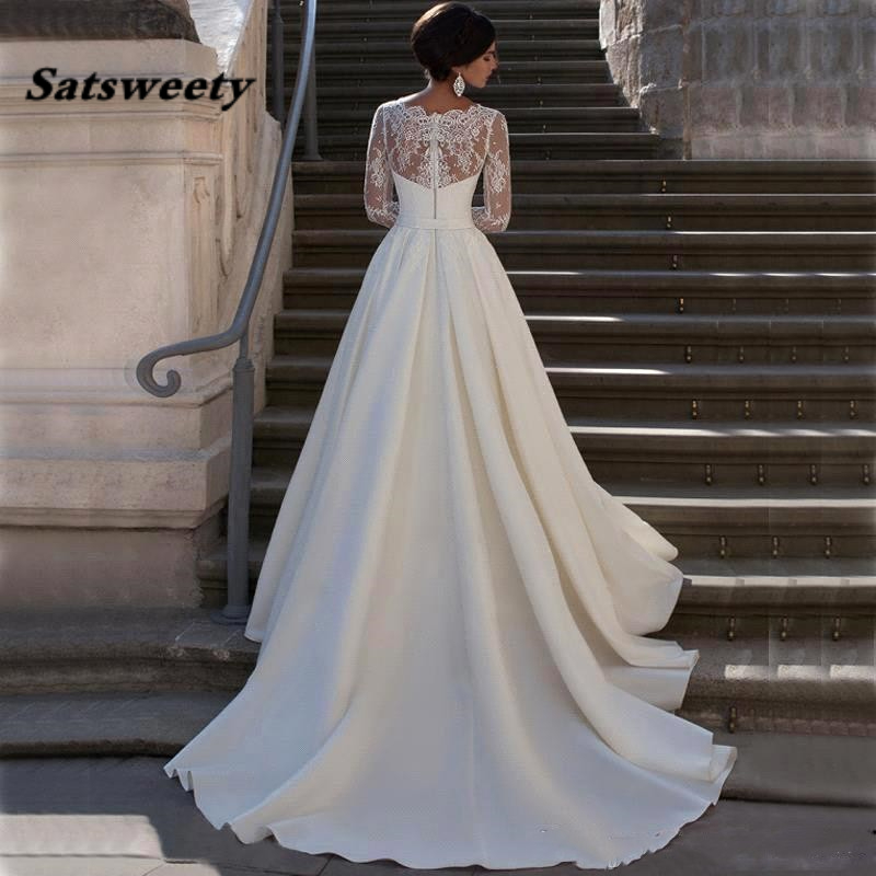 Robe de mariée trapèze en satin avec appliques en dentelle modeste pour femme, col en V, dos transparent, manches longues, robe de princesse personnalisée, 2024