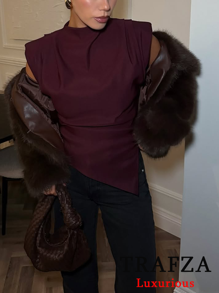 TRAFZA Vintage Chicผู้หญิงไม่สมมาตรO-คอซิปแขนกุดพับแฟชั่น 2025 Streetwearเบาะไหล่ด้านบน