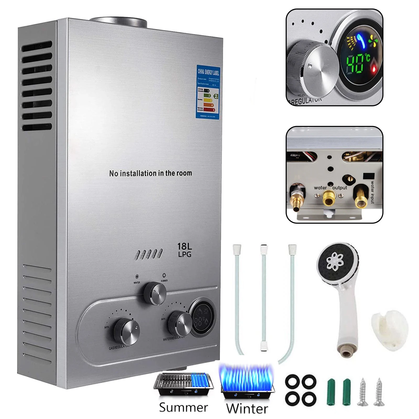 6L LPG Gas Water Heater Stainless Steel Tankless Propane Gas LPG Boiler With Shower Kit Home Camping Appliance