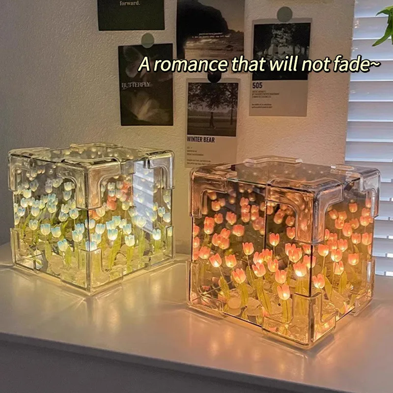 Paquete de Material de mar de flor de tulipán DIY, luz nocturna, cubo mágico, espejo, atmósfera, luz nocturna, Festival transparente octogonal