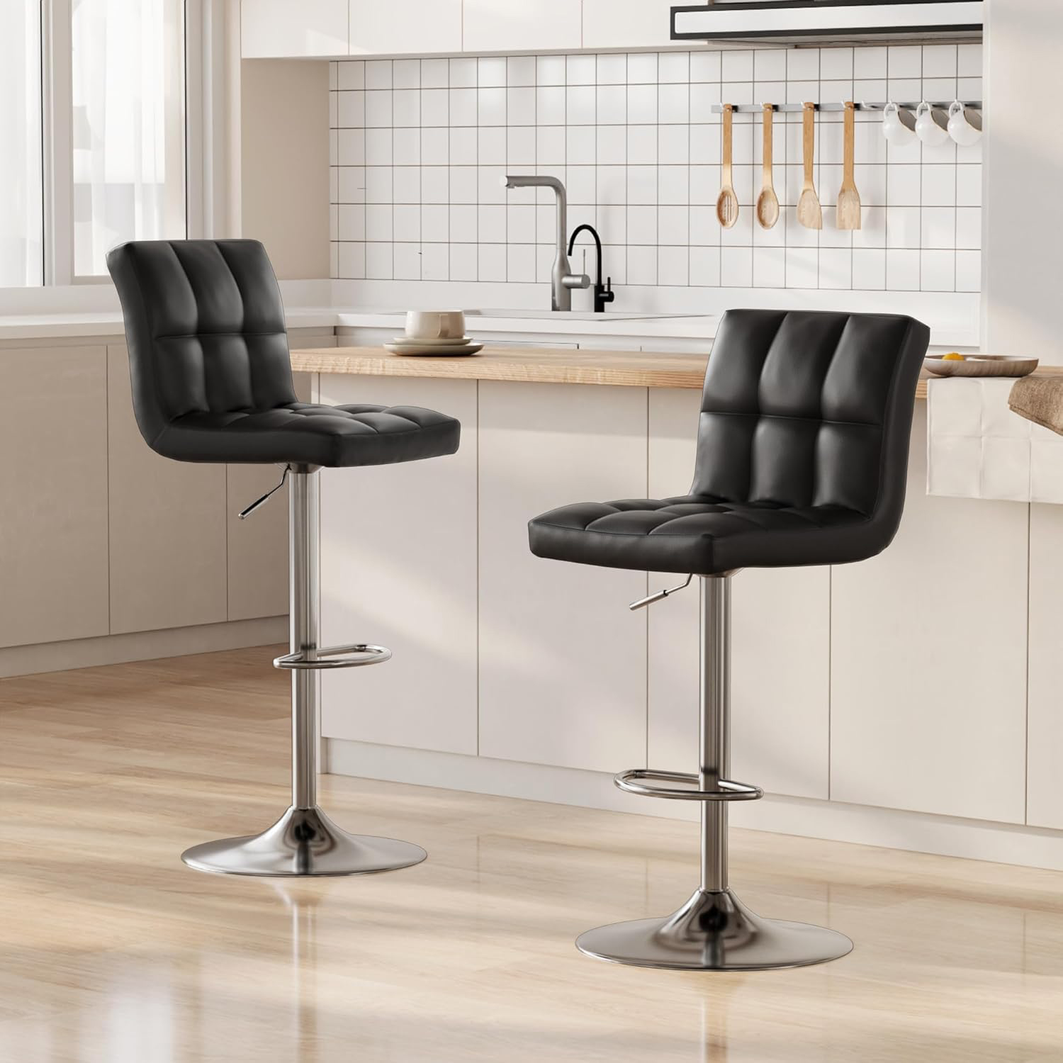 Barstool Bar Stools Set of 2 PU Leather Swivel Height Adjustable Bar Chairs For Breakfast Counter Kitchen and Home