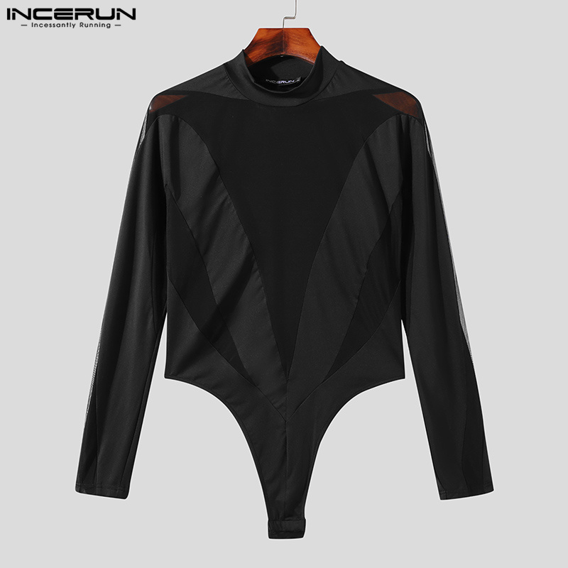 INCERUN 2023, monos para hombre, monos de manga larga con cuello alto de retales de malla, camiseta a la moda para hombre, ropa de calle transparente, mono