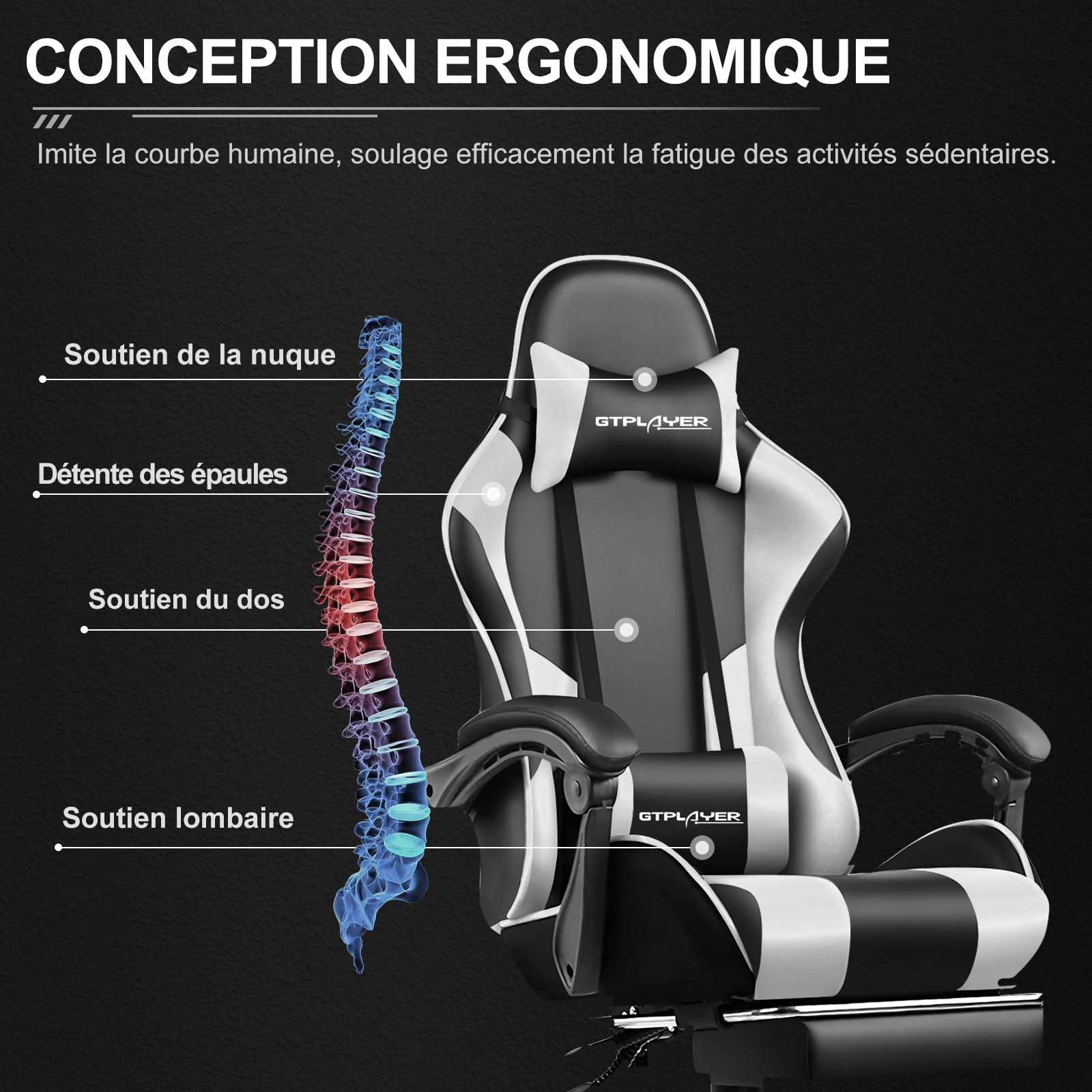 Chaise Gaming GTPLAYER avec Massage, Chaise Ergonomique avec Repose-Pieds, Dossier Réglable et Coussin Lombaire pour Bureau