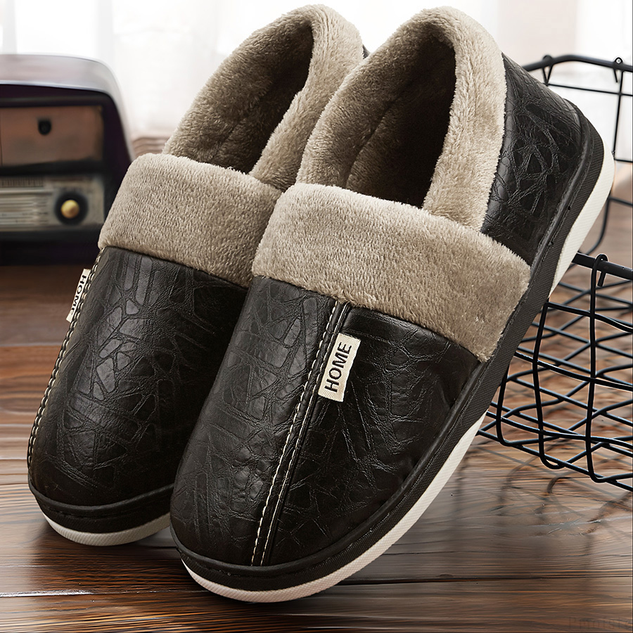 Herren Hausschuhe Kunstleder Memory Foam Furry Indoor/Outdoor Schuhe Paar Winter Warme Weiche Rutschfeste Hausschuhe Luxus