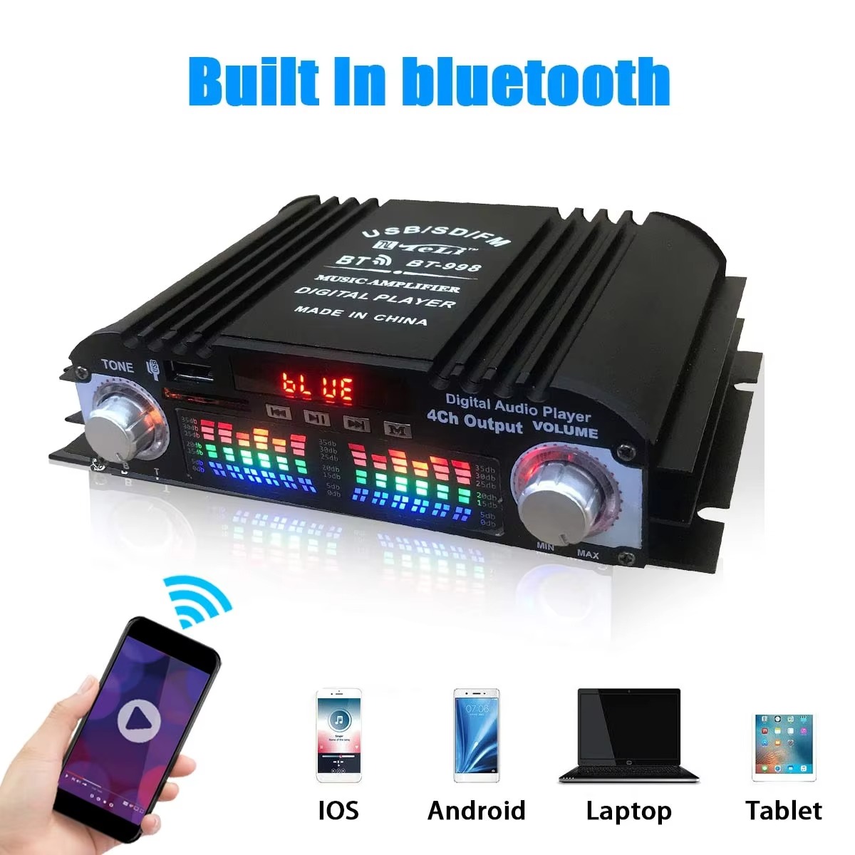 BT-998 4-Kanal-Bluetooth-Verstärker, 12 V, Auto, Zuhause, Audio, Leistungsverstärker, USB, SD, AUX, FM, LCD-Display