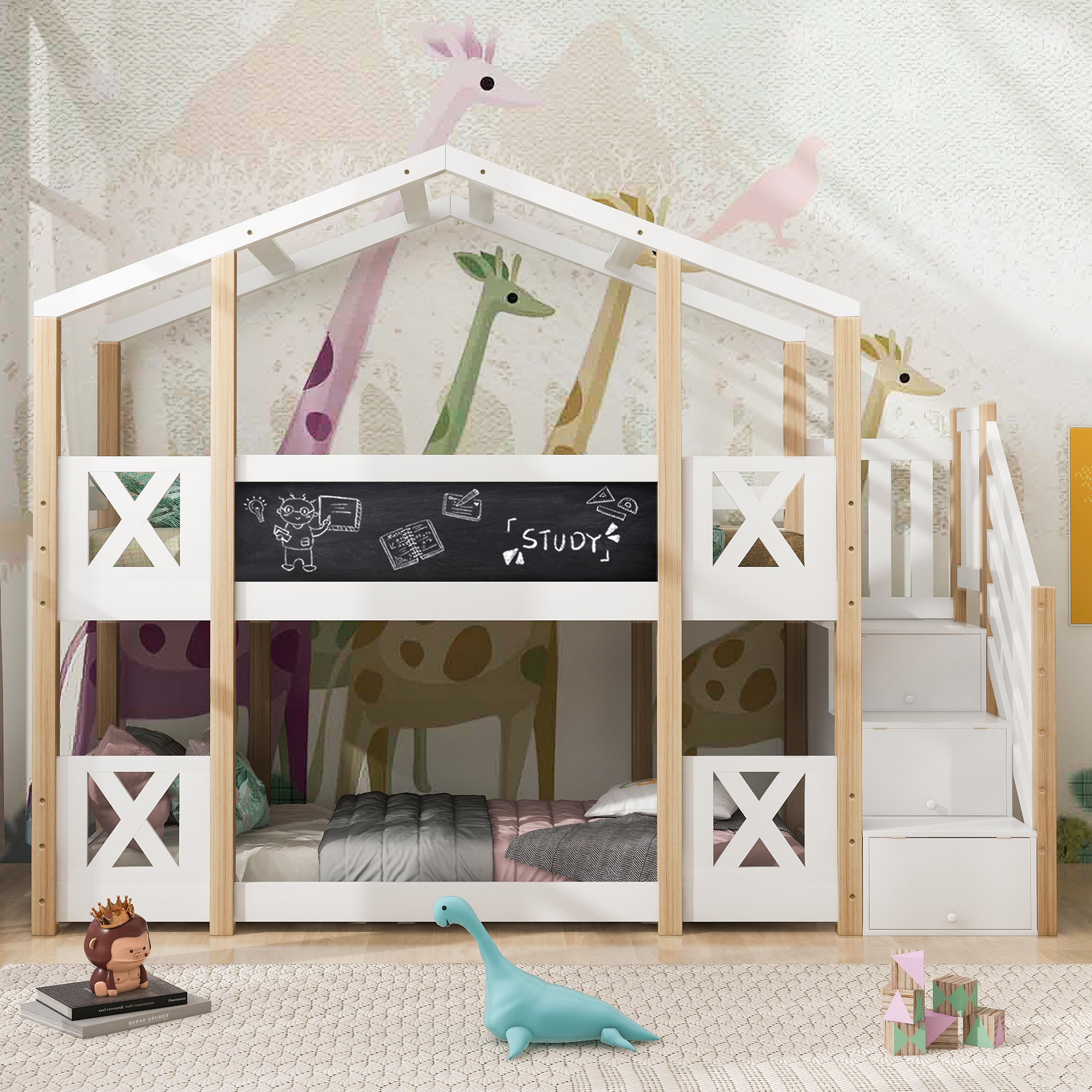 Lit superposé enfant 90x200 cm style maisonnette, escaliers, rangements et protections anti-chute, bois naturel et blanc