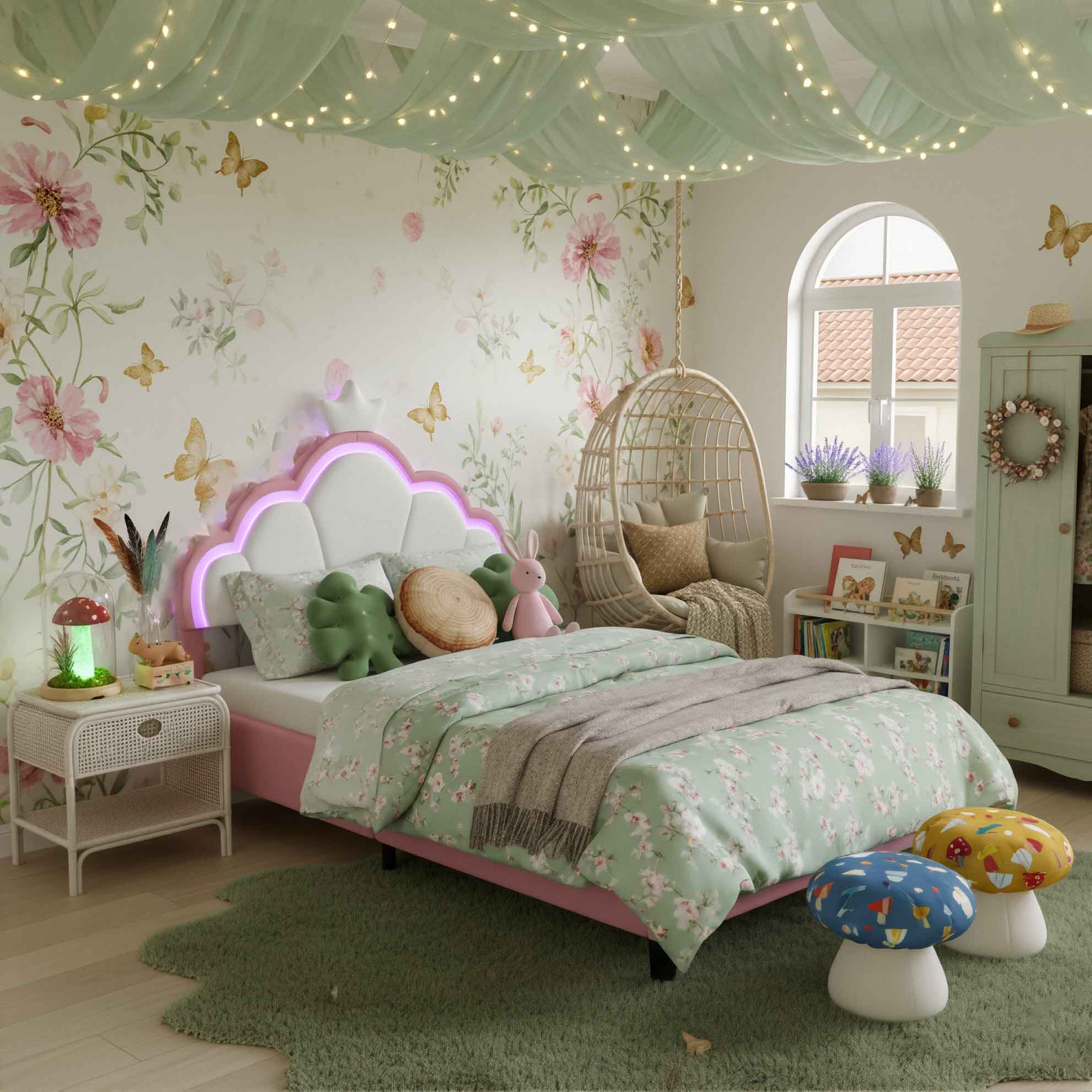 Cama Upadded 140x cm, con LED, cabecero de nube y corona, altura regulable, Estilo Princesa, rosa