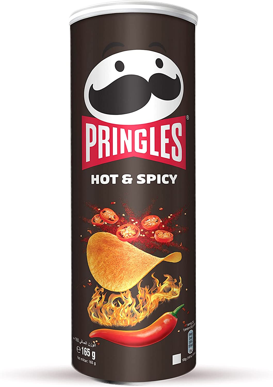 Batatas pringles quentes e picantes-batatas fritas lanche-aperitivo à base de batata frita, em forma redonda e com um sabor picante. É servido em uma lata com uma tampa-contém 6 unidades de 165gr cada
