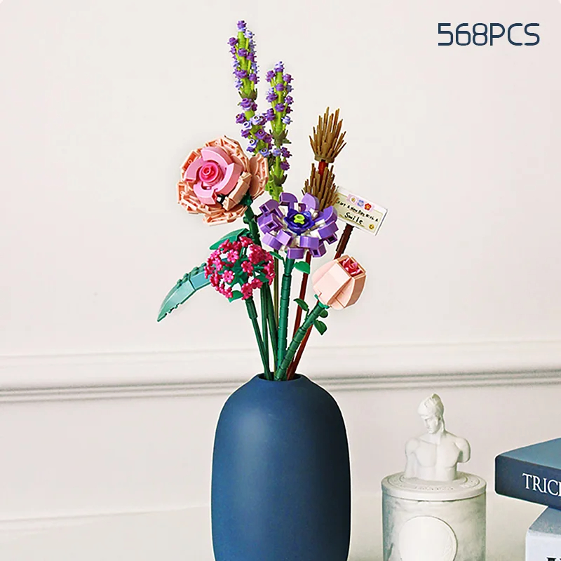 Blocs de construction de Bouquet de fleurs de roses romantiques, modèle de tournesol, briques, décoration de bureau créative, jouets DIY pour enfants, cadeaux pour filles