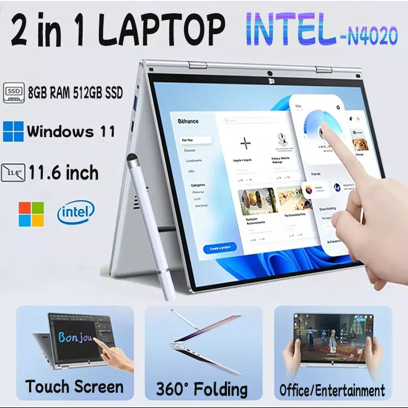 Portátil 2 em 1 laptop intel celeron n4020 11.6 "escritório estudo computador de negócios tela sensível ao toque notebook windows 11 8gb ddr4 wifi