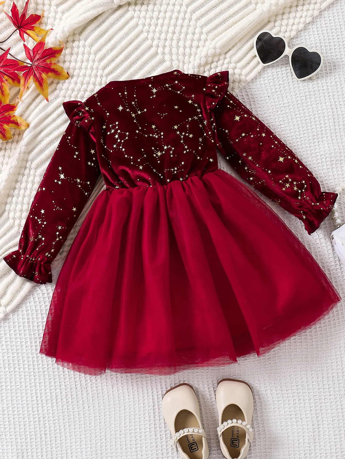 Kleinkind Mädchen Party Kleid Herbst Winter 1-8 Jahre Kinder Weihnachten und Neujahr Prinzessin Kleid rot Samt Kleid Sterne Mesh Kleid
