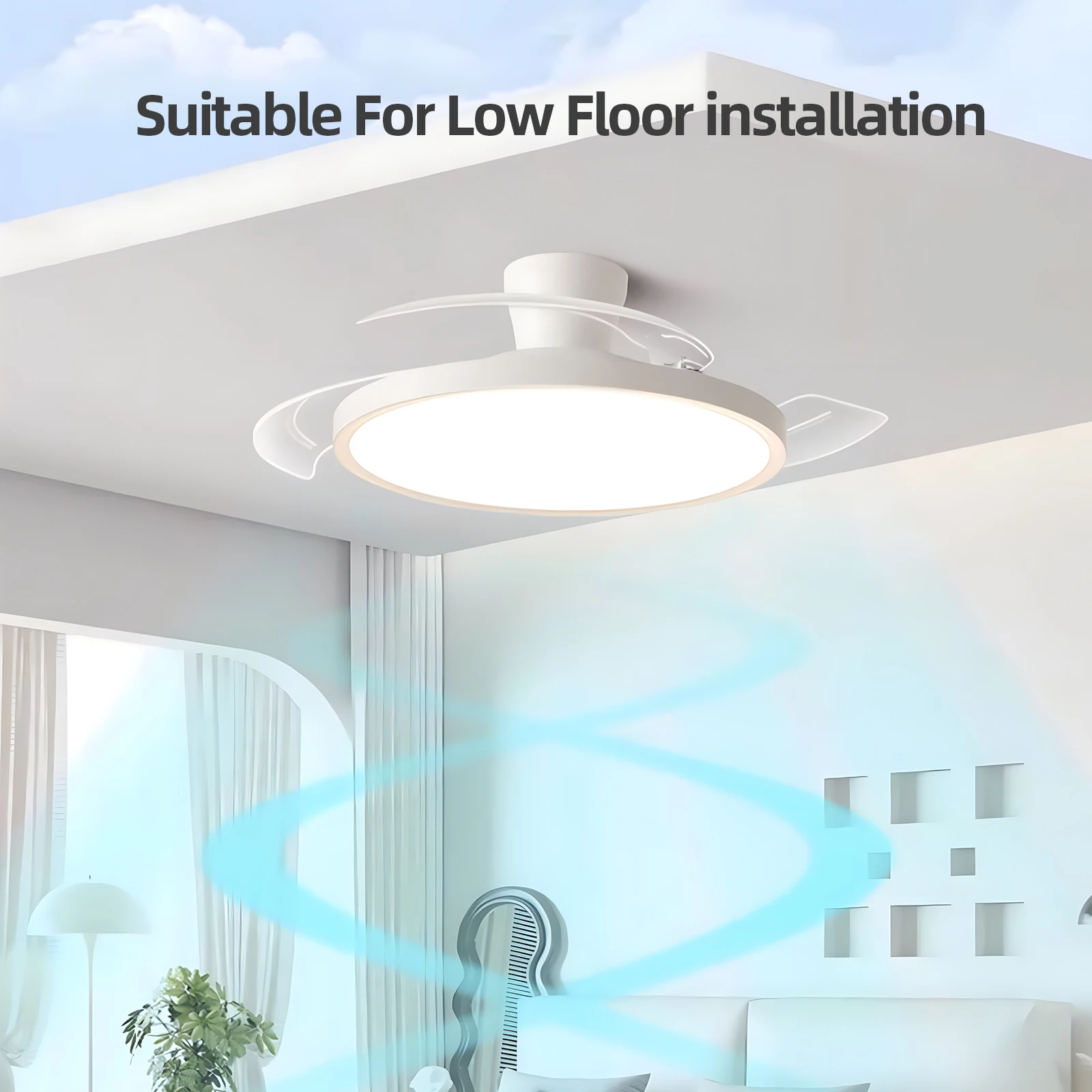 IRALAN Modern Invisible Ceiling Fan with LED Light DC motor Large Air Volume Remote Control for Bedroom Dining room