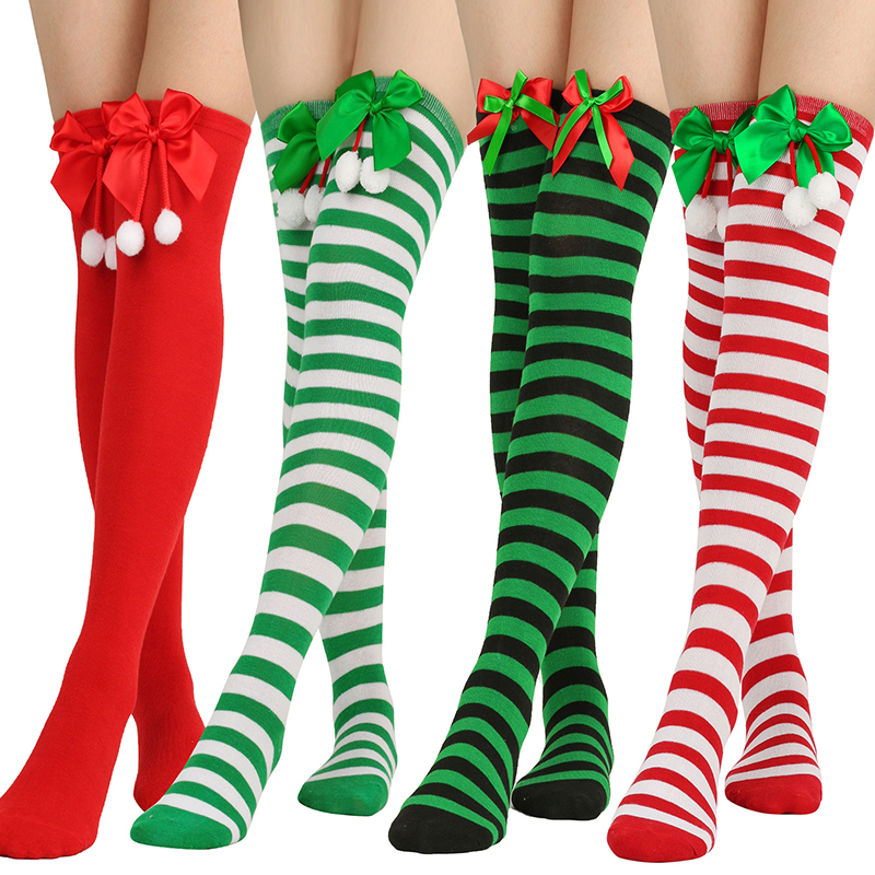 Calcetines con adornos navideños Medias largas a rayas Decoraciones navideñas Calcetines altos para niñas Calcetines hasta la rodilla a rayas