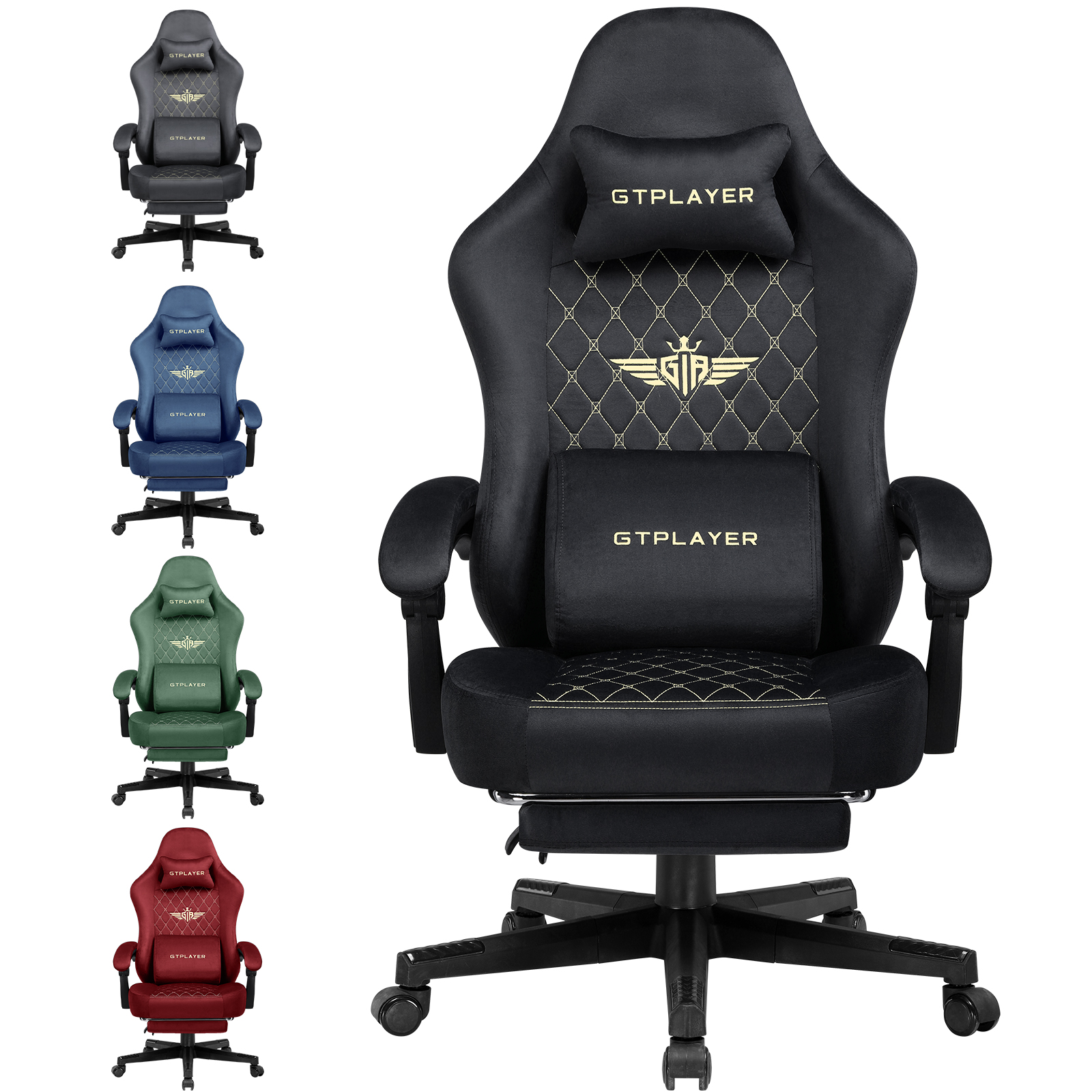 Gtplayer Gaming Chair Fabric with Pocket Spring Cushion, Ergonomic Video Swivel Game Chair with Footrest for Adults
