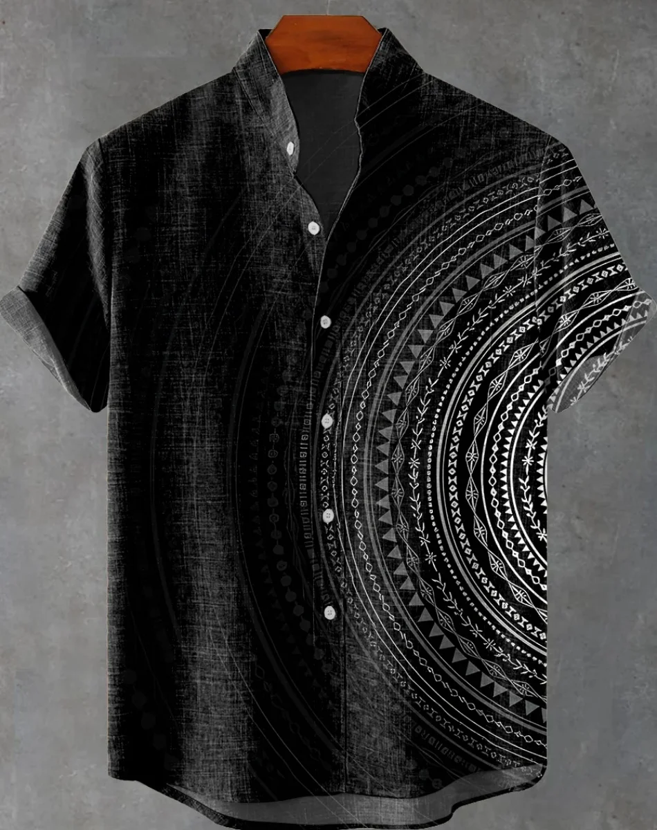 New Linen Men's Summer Ancient Tribal Totem Print Linen Short Sleeve Shirt Comfortable Casual Button Top Suitable for Street Wea